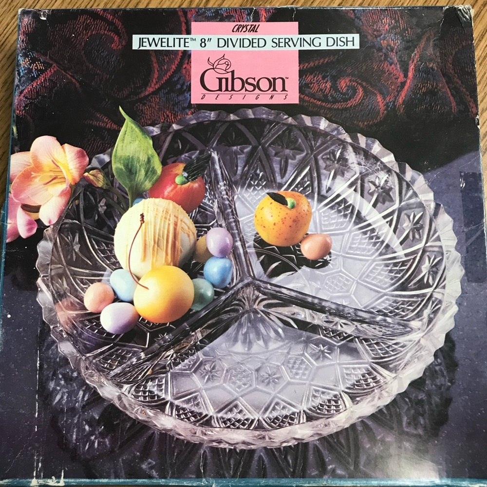 Jewelite 8” Divided Crystal Serving Dish by Gibson Snacks Trinkets